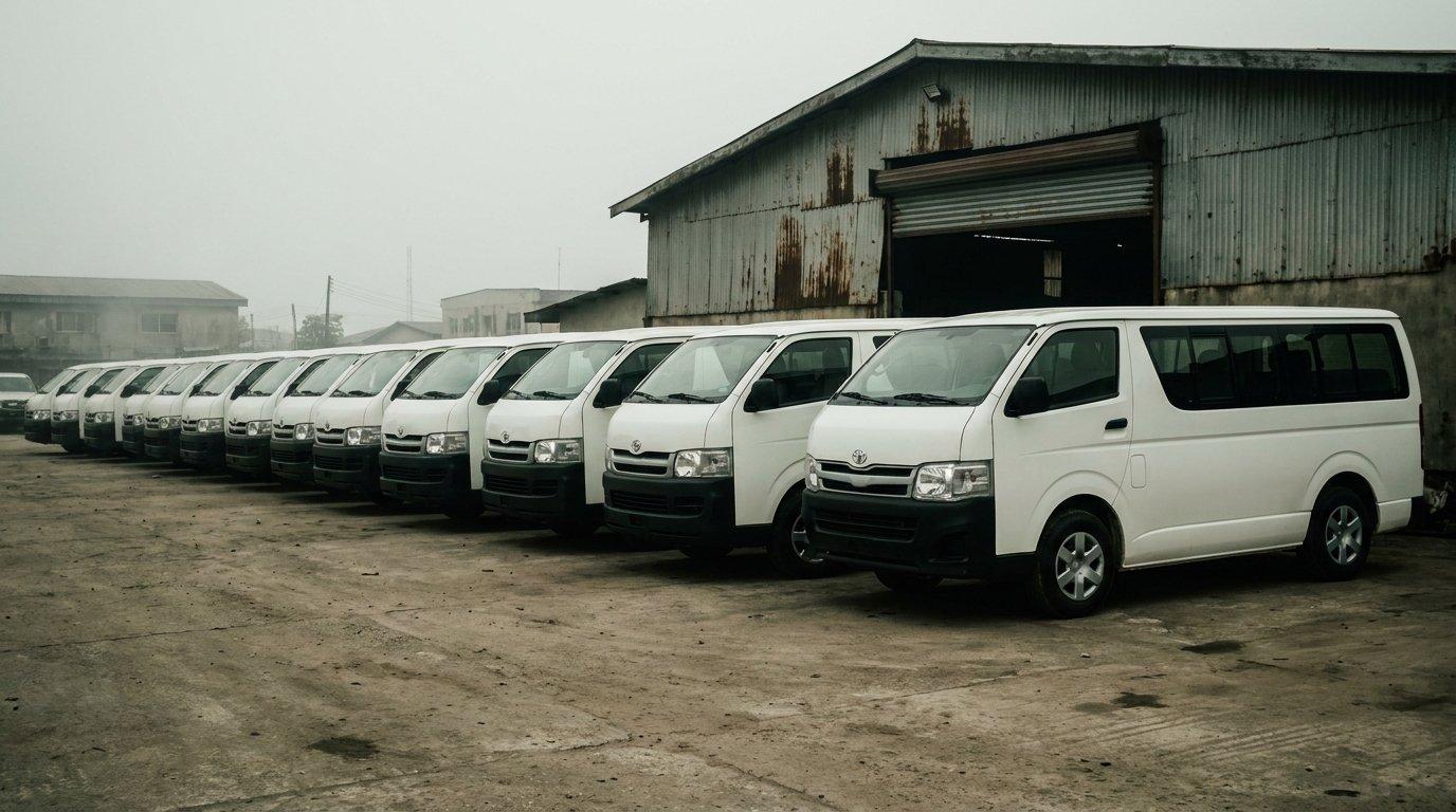 A row of mini buses on the GG Autos yard in Okota, Lagos, ready for delivery